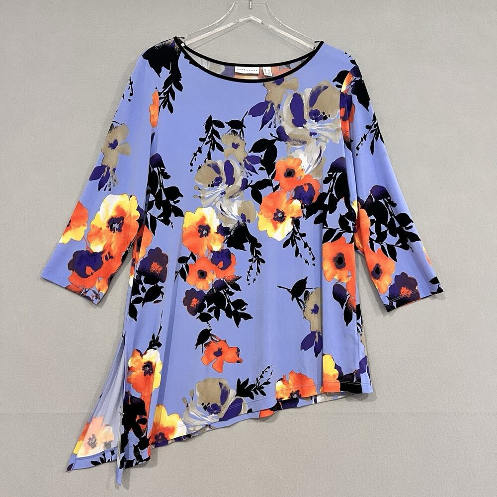 Susan Graver Tunic Top Large Blue Floral Liquid Knit Asymmetrical Hem Colorful